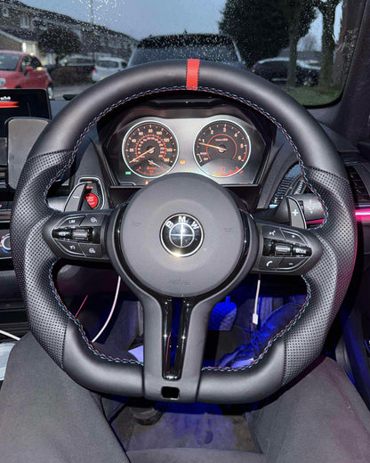 Flat Bottom Steering Wheel for BMW F Series - Half Leather / Half Perforated Leather (Red)