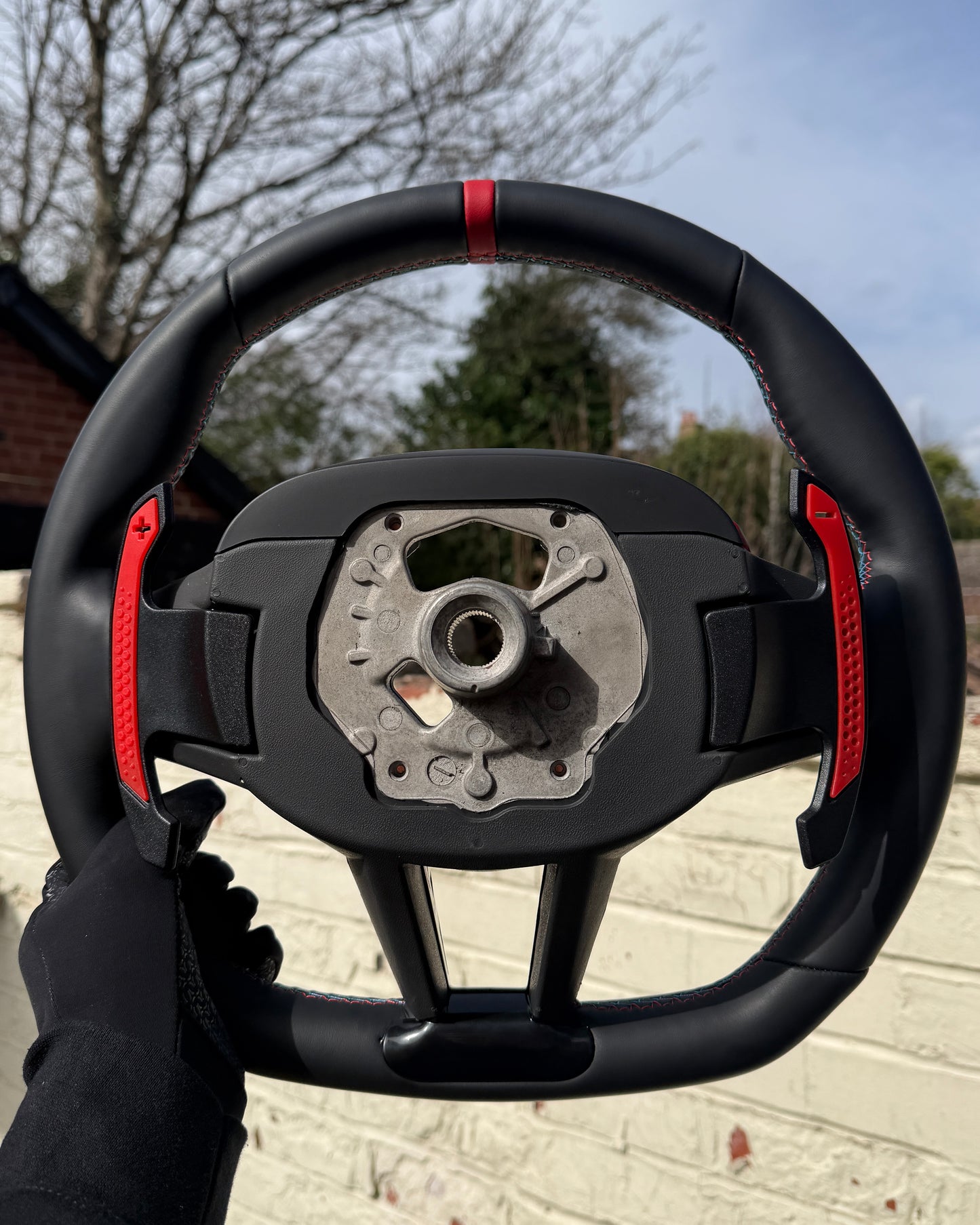 Flat Bottom Steering Wheel for BMW G Series - Leather with Gloss Carbon Trim (Red)