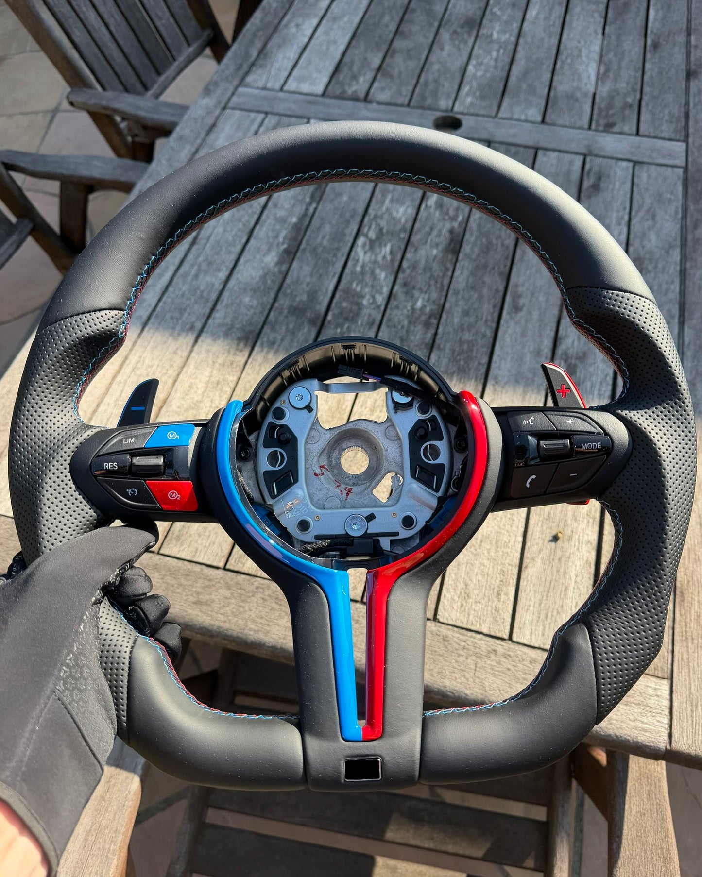 Flat Bottom Steering Wheel for BMW F Series - Half Leather / Half Perforated Leather (Multicolour)