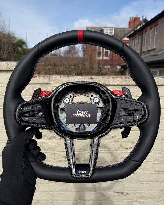 Flat Bottom Steering Wheel for BMW G Series - Leather with Gloss Carbon Trim (Red)