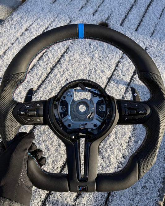 Flat Bottom Steering Wheel for BMW F Series - Half Leather / Half Perforated Leather (Blue)