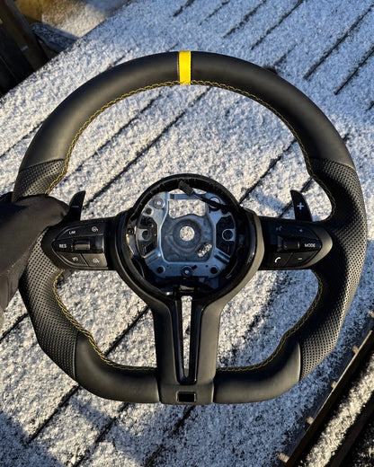 Flat Bottom Steering Wheel for BMW F Series - Half Leather / Half Perforated Leather (Yellow)