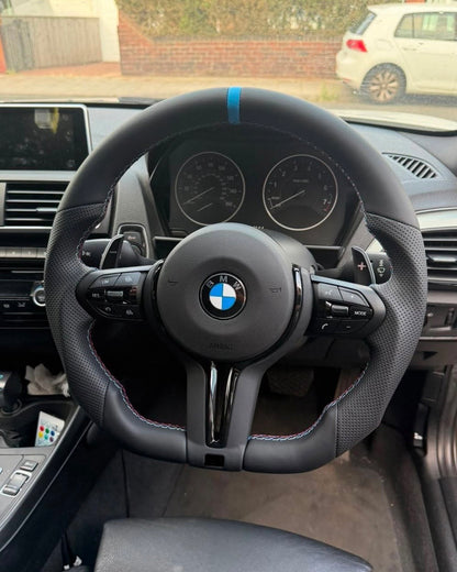 Flat Bottom Steering Wheel for BMW F Series - Half Leather / Half Perforated Leather (Blue)
