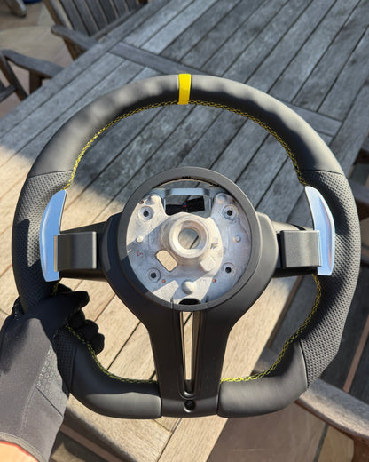 Flat Bottom Steering Wheel for BMW F Series - Half Leather / Half Perforated Leather (Yellow)