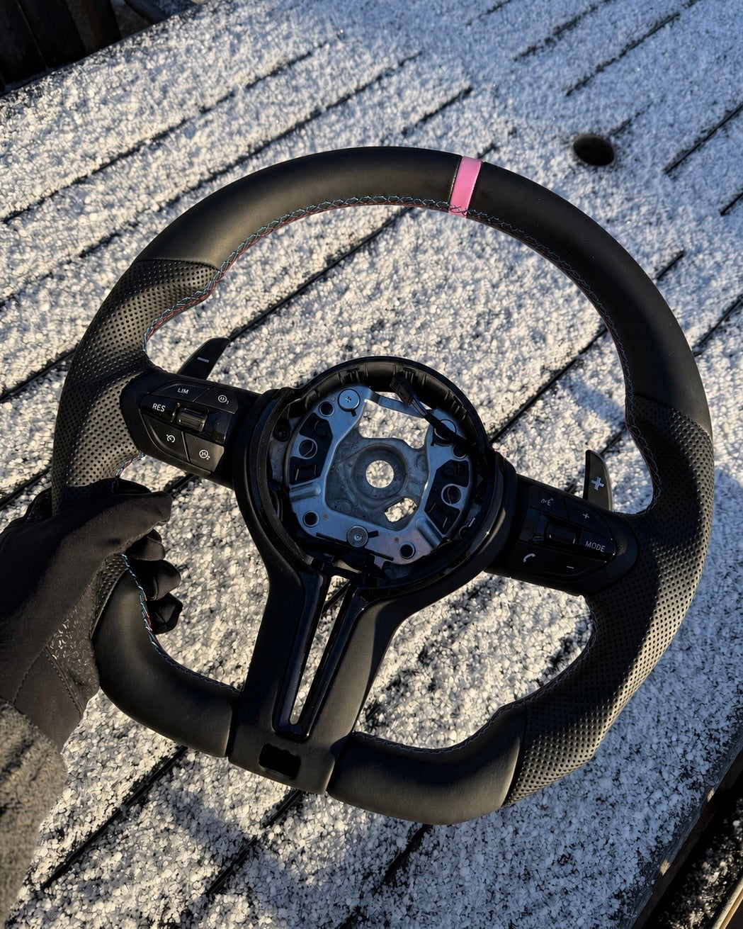 Flat Bottom Steering Wheel for BMW F Series - Half Leather / Half Perforated Leather (Pink)