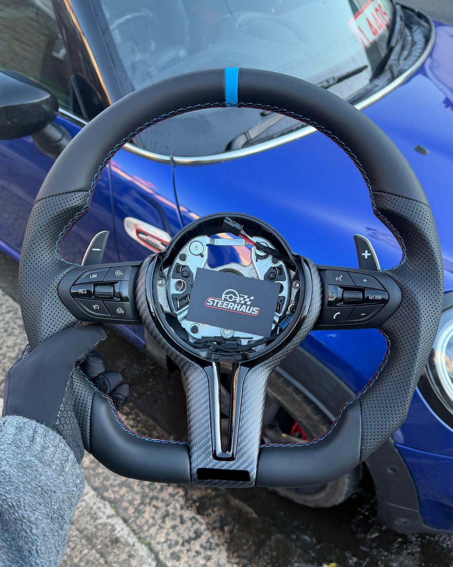 Flat Bottom Steering Wheel for BMW F Series - Half Leather / Half Perforated Leather (Blue)