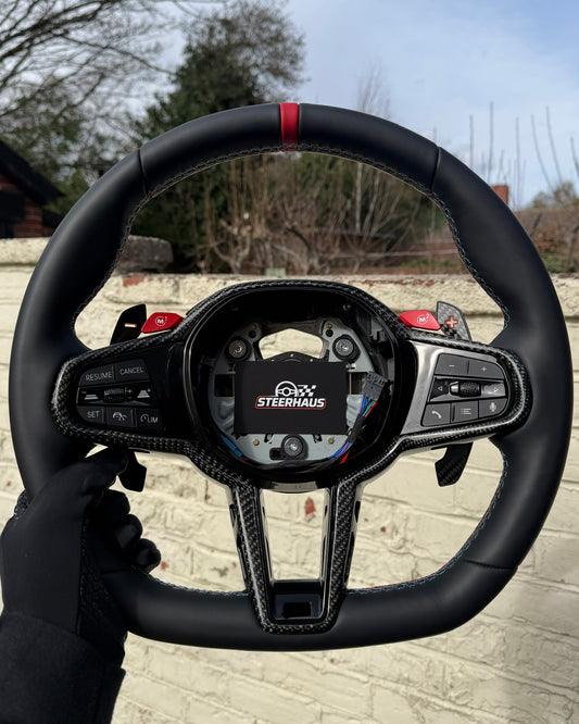 Flat Bottom Steering Wheel for BMW G Series - Leather with Gloss Carbon Trim (Red)