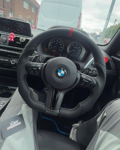 Flat Bottom Steering Wheel for BMW F Series - Half Leather / Half Perforated Leather (Red)