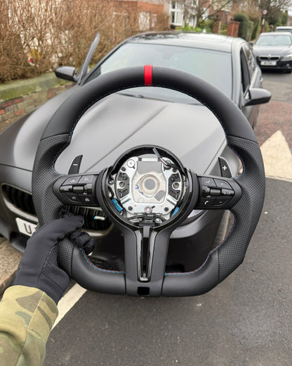 Flat Bottom Steering Wheel for BMW F Series - Half Leather / Half Perforated Leather (Red)
