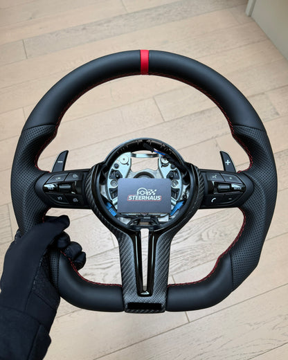 Flat Bottom Steering Wheel for BMW F Series - Half Leather / Half Perforated Leather (Red)