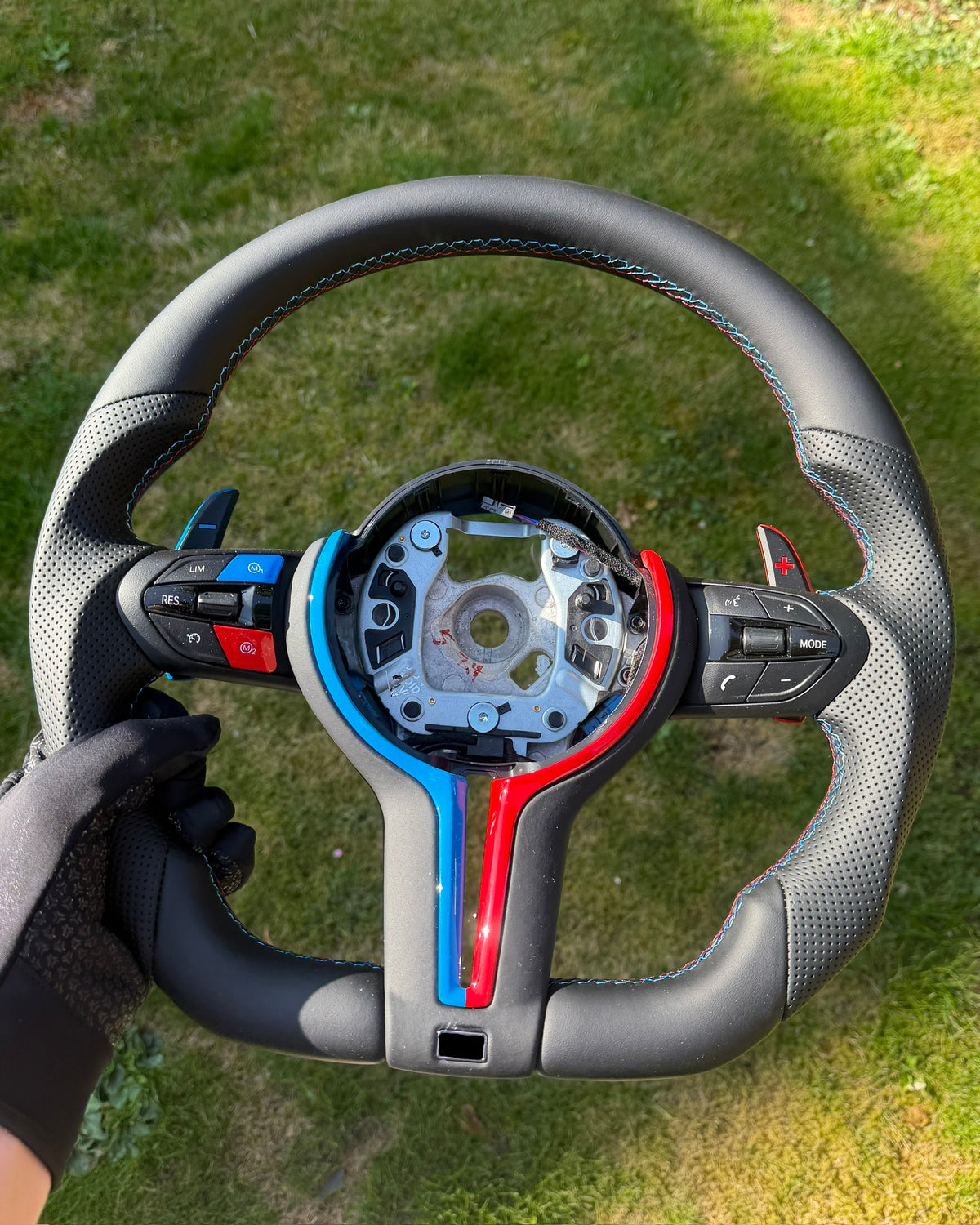 Flat Bottom Steering Wheel for BMW F Series - Half Leather / Half Perforated Leather (Multicolour)
