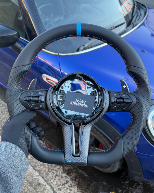 Flat Bottom Steering Wheel for BMW F Series - Half Leather / Half Perforated Leather (Blue)