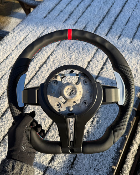 Flat Bottom Steering Wheel for BMW F Series - Half Leather / Half Perforated Leather (Red)