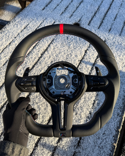 Flat Bottom Steering Wheel for BMW F Series - Half Leather / Half Perforated Leather (Red)