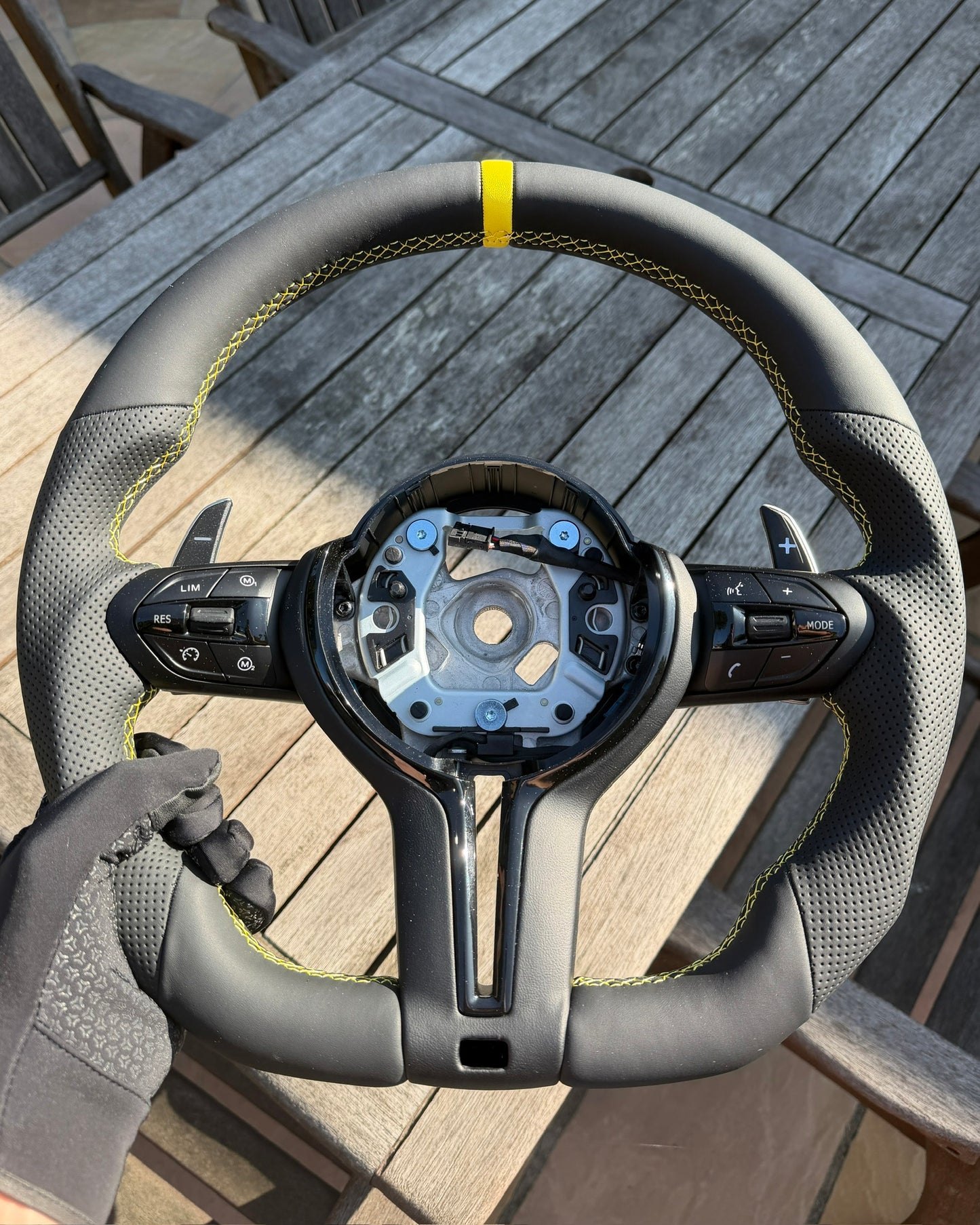 Flat Bottom Steering Wheel for BMW F Series - Half Leather / Half Perforated Leather (Yellow)
