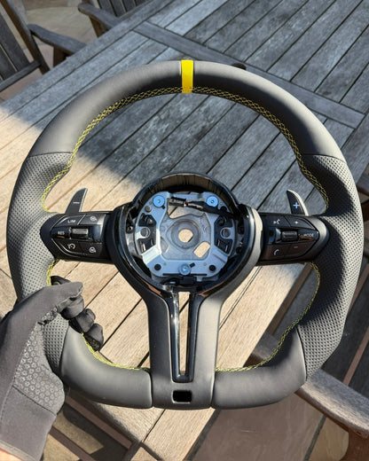 Flat Bottom Steering Wheel for BMW F Series - Half Leather / Half Perforated Leather (Yellow)