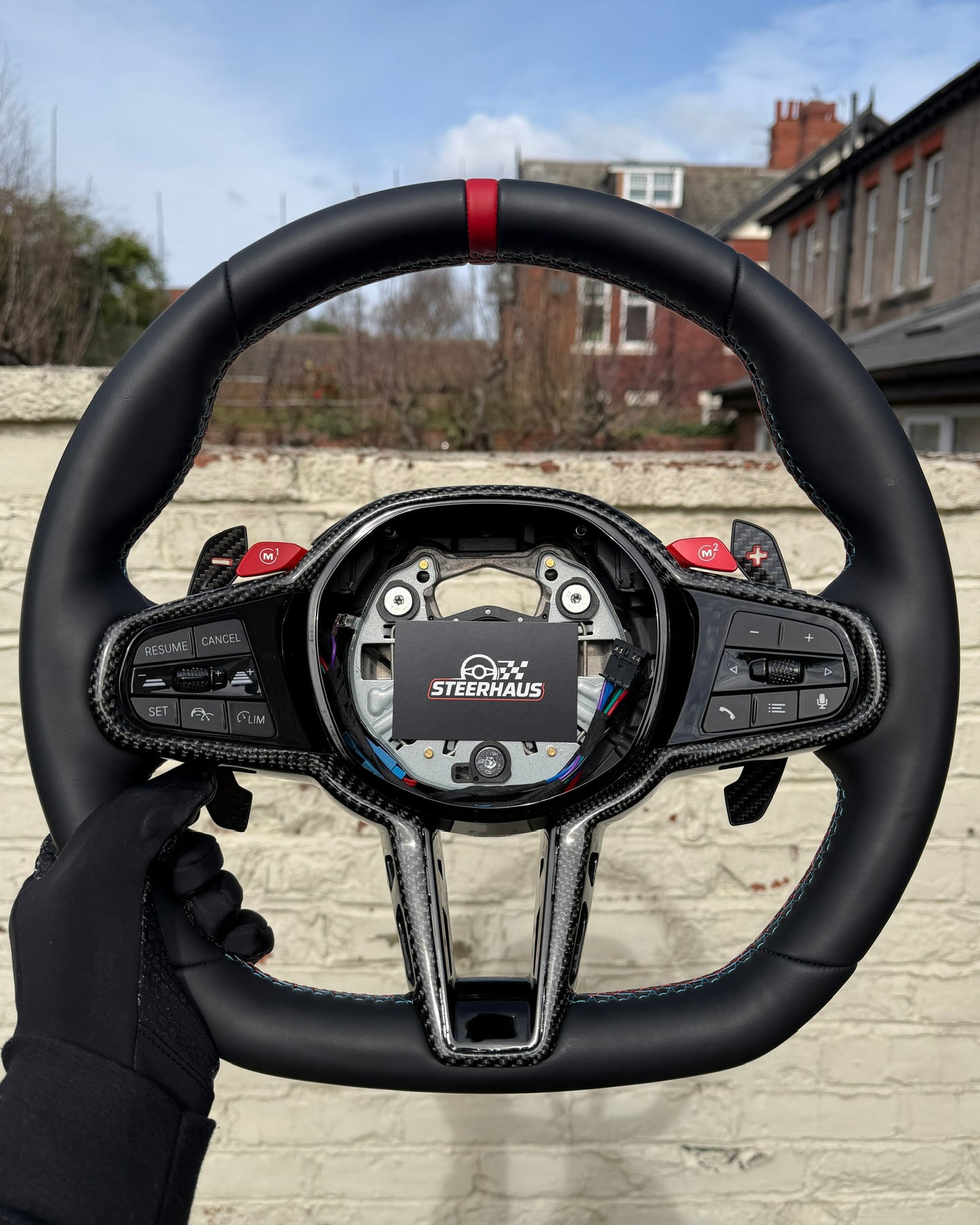Flat Bottom Steering Wheel for BMW G Series - Leather with Gloss Carbon Trim (Red)