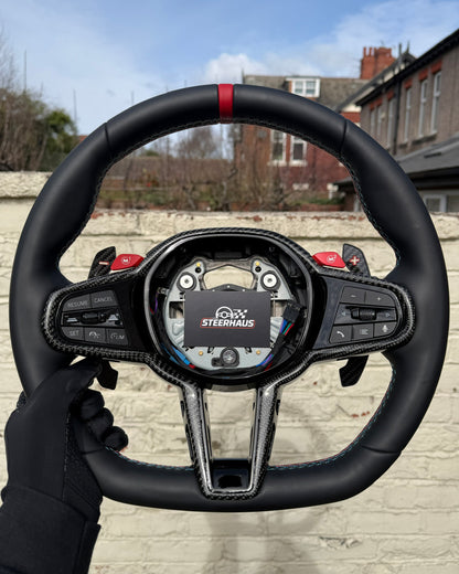 Flat Bottom Steering Wheel for BMW G Series - Leather with Gloss Carbon Trim (Red)