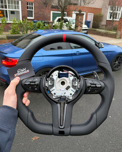 Flat Bottom Steering Wheel for BMW F Series - Half Leather / Half Perforated Leather (Red)